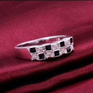 3 For $35 Sterling Silver Plated Black Enamel & White Diamond Checkered Ring
